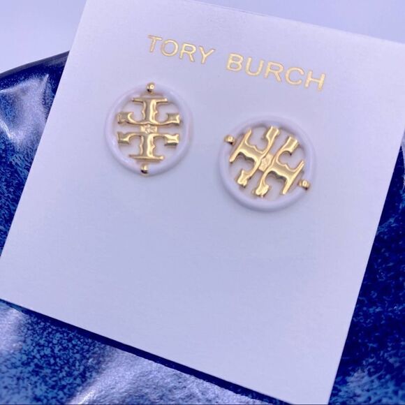 NWOT Tory Burch Gold Double T With White Enamel Trim Round Earrings - Picture 1 of 8